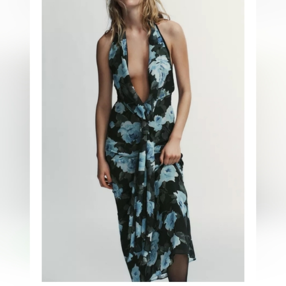 Zara Long Floral Print Halter Neck Formal Festive Knotted Dress